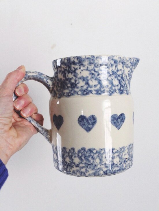Other - Vintage Friendship Pottery Gerald E. Henn Blue Spongeware Pitcher Heart Pattern